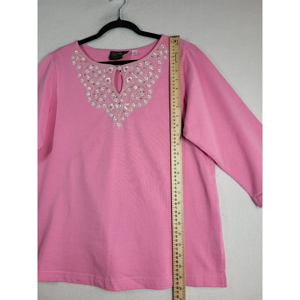 Bob Mackie Wearable Art Pink Beaded Embroidered Floral Keyhole Sweater L NWT